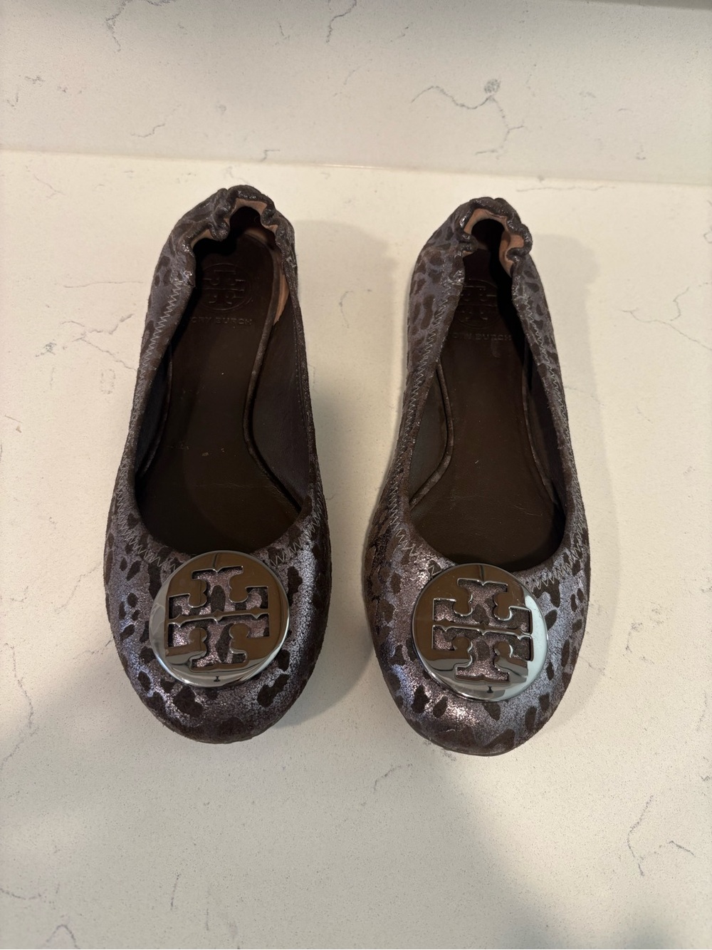 Tory Burch Metallic Leopard Logo Ballet Flats in Brown and Silver